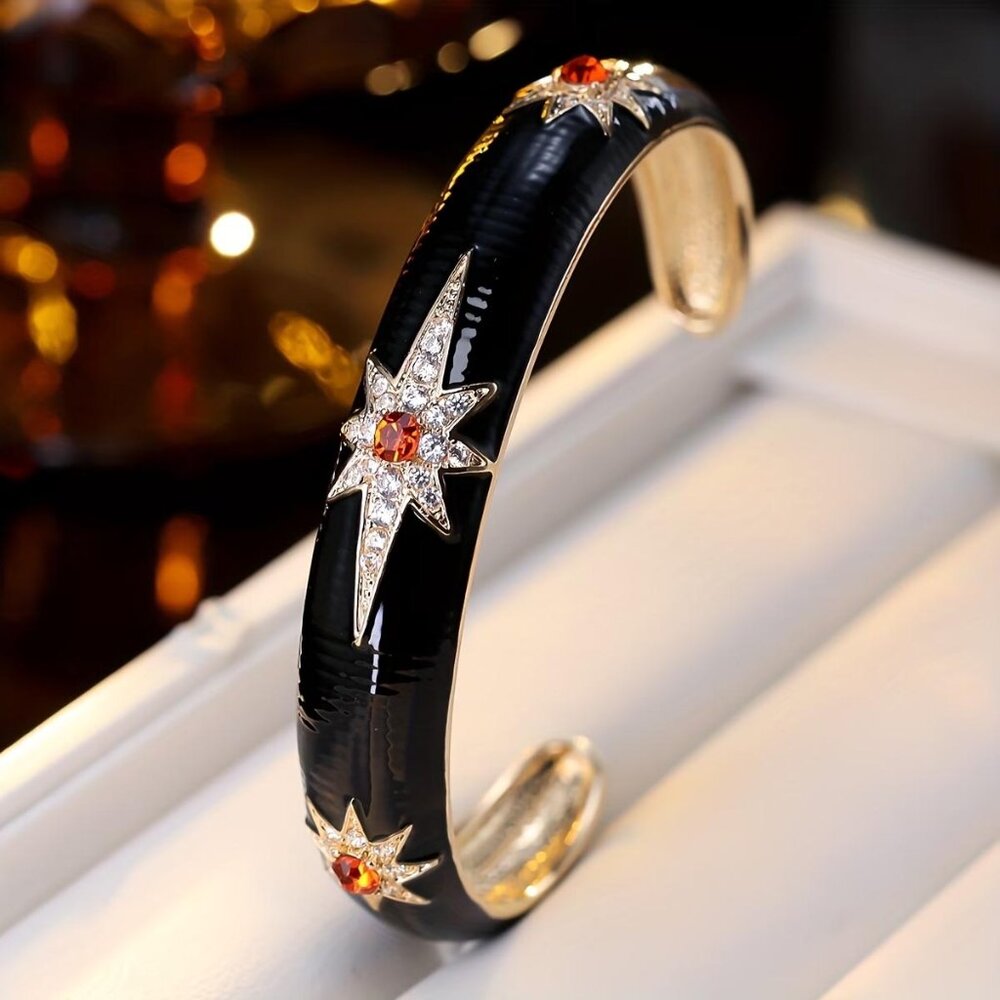 NWOT BLACK ENAMEL W/ FAUX RUBY & DIMOND "STARBURST" DESIGN BRACELET 64